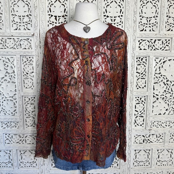 Chicos Burnt Orange Red Mesh Artsy Lace Long Sleeve Button Up Sheer Blouse - Picture 1 of 6